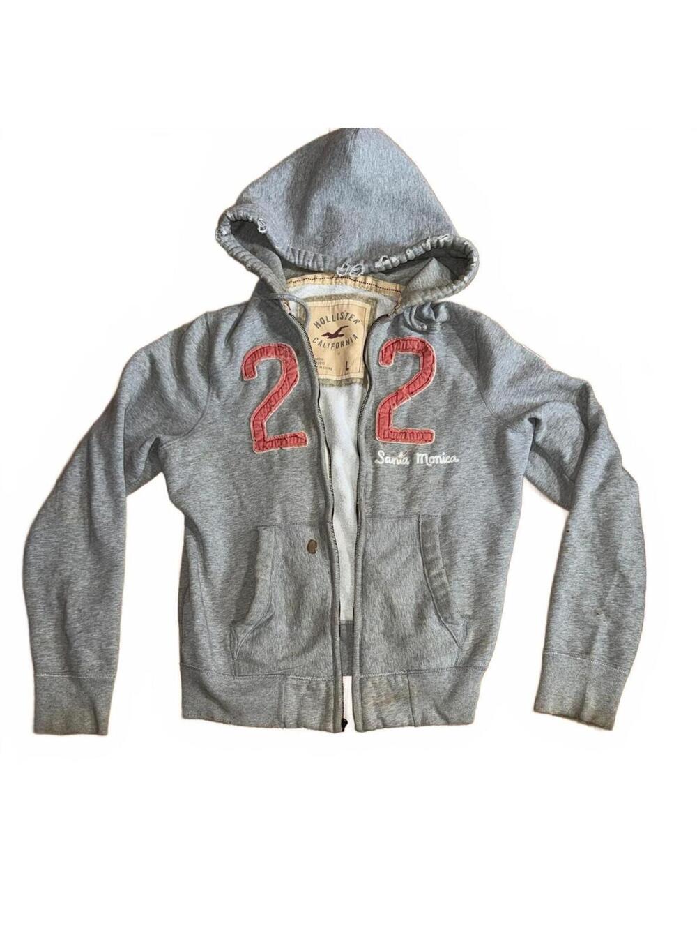 Vintage Hollister Gray Zip-Up Hoodie with Hood and Front Pockets Large